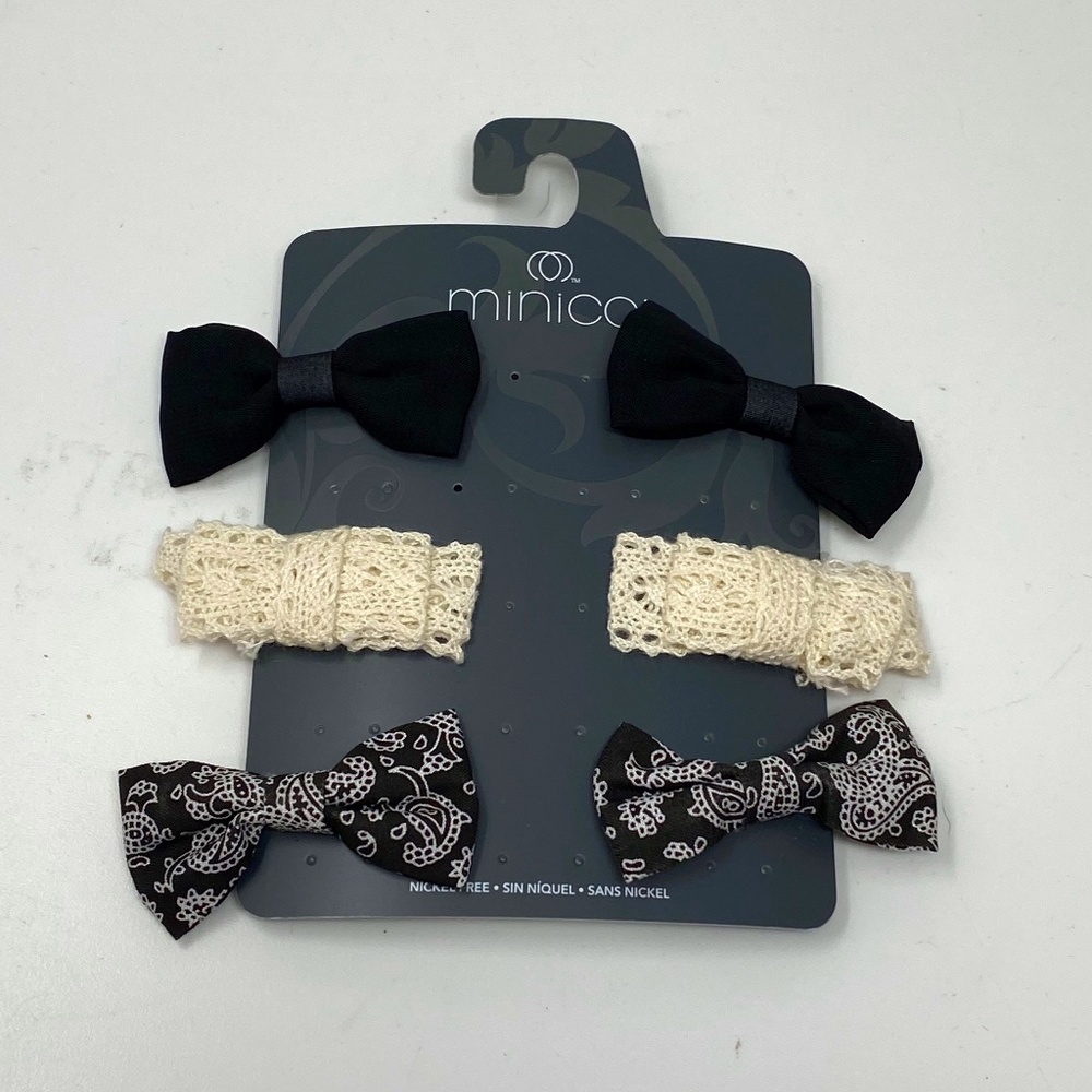 Minicci Womens Three Pair Barrettes Hair Bows Black Ivory White Paisley
